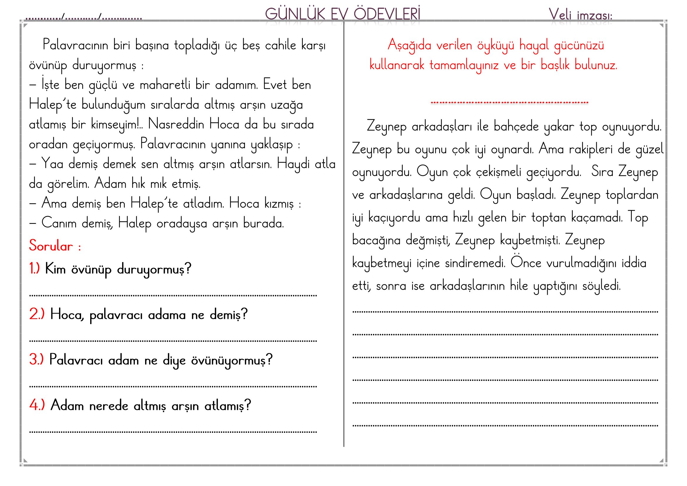 1.Sınıf - 23 Mart 2026 Günlük Ev Ödevleri
