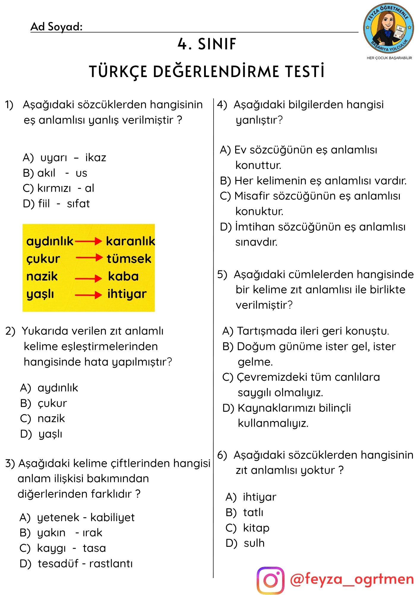 4. Sınıf Türkçe- Matematik Haftalık Değerlendirme Testi