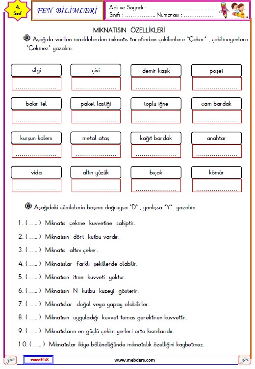 4. Sınıf Fen Bilimleri Mıknatısın Özellikleri Etkinliği 1