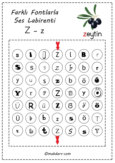 Farklı fontlarla ses labirenti - z sesi