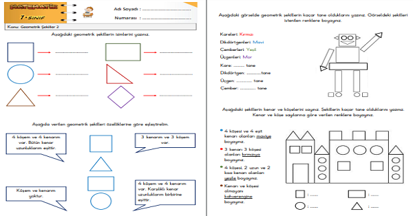 1.Sınıf Matematik Geometrik Şekiller Etkinliği 2