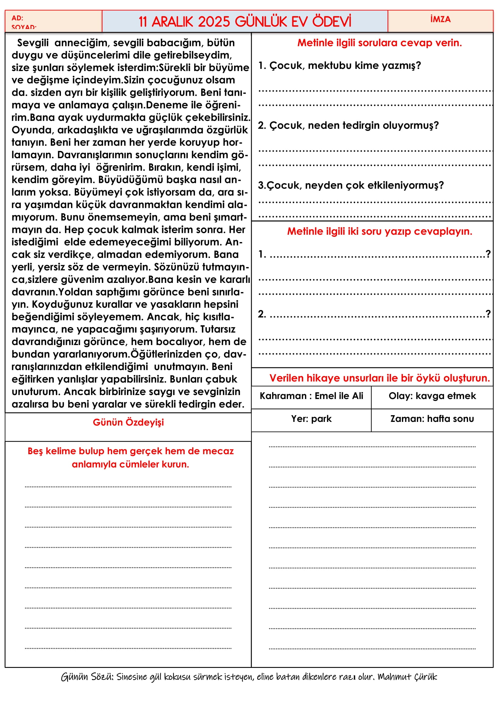 4.Sınıf - 11 Aralık 2025 Günlük Ev Ödevleri