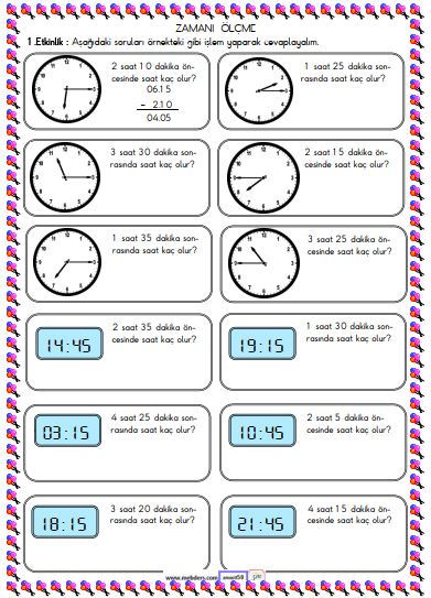 2. Sınıf Matematik Zamanı Ölçme ve Saat Etkinliği 16