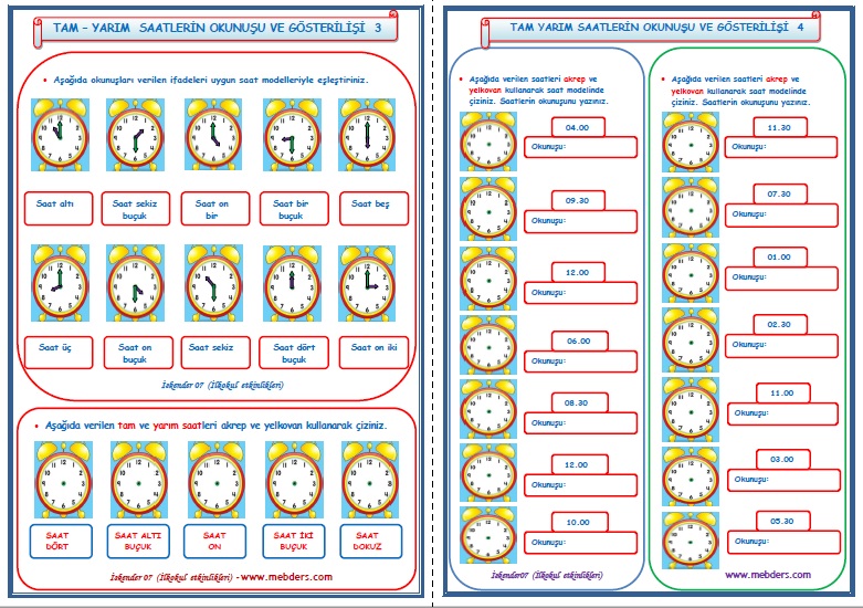 1.Sınıf Matematik Tam ve Yarım Saatlerin Okunuşu ve Gösterilişi  3-4    (2 Sayfa)
