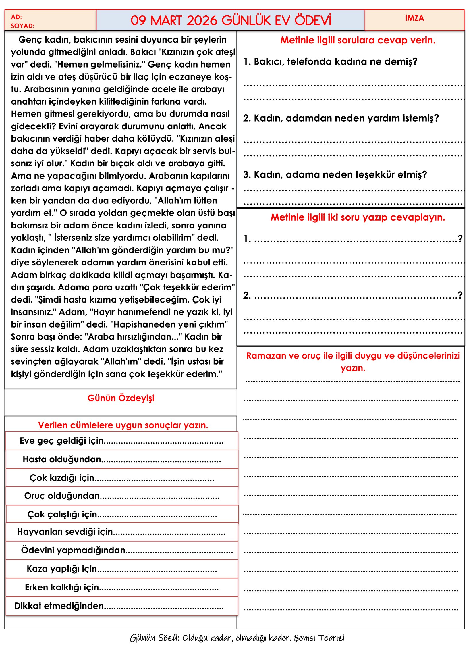 4.Sınıf - 09 Mart 2026 Günlük Ev Ödevleri