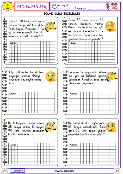 3. Sınıf Matematik Bölme İşlemi Problemler Etkinliği 9