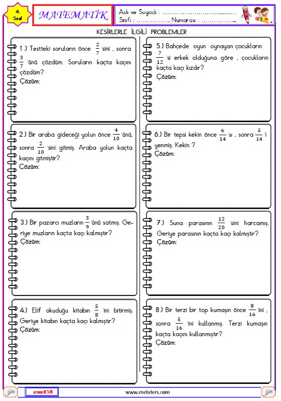 4. Sınıf Matematik Kesirlerle İlgili Problemler Etkinliği