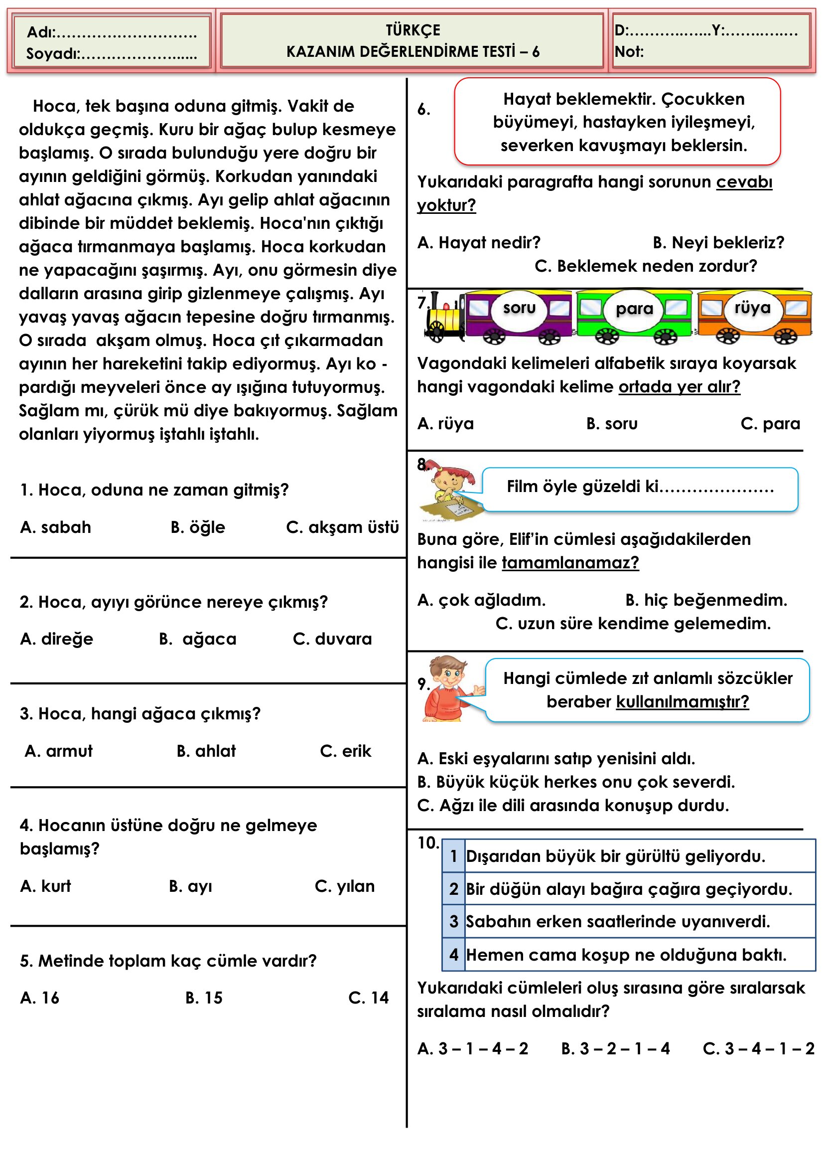 2.Sınıf Türkçe Seviye Belirleme Testi-7