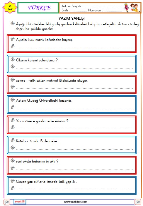 2. Sınıf Türkçe Yazım Yanlışı Etkinliği 6