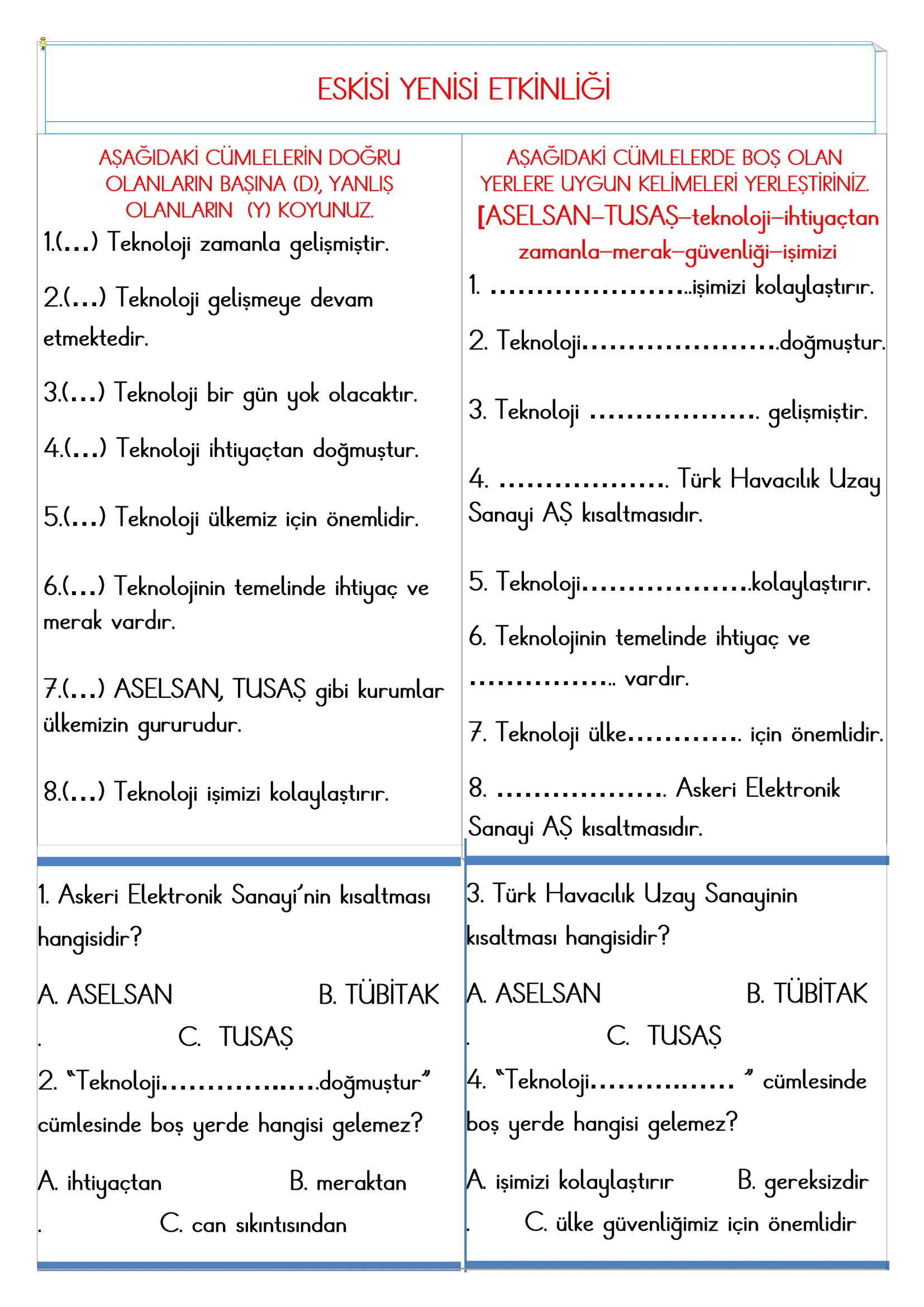 2.Sınıf - Hayat Bilgisi Eskisi Yenisi Etkinliği