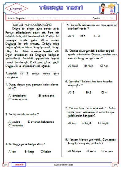 1. Sınıf Türkçe Test 2