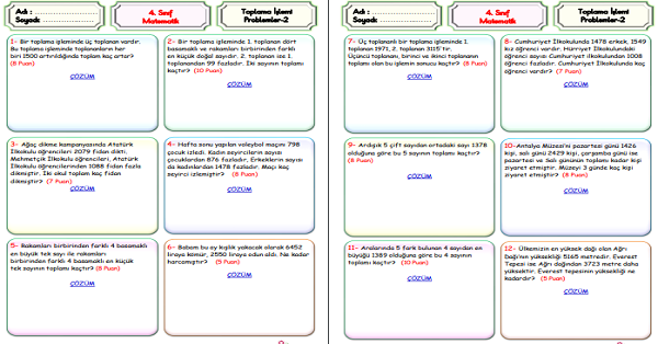 4.Sınıf Matematik Toplama İşlemi Problemleri-2