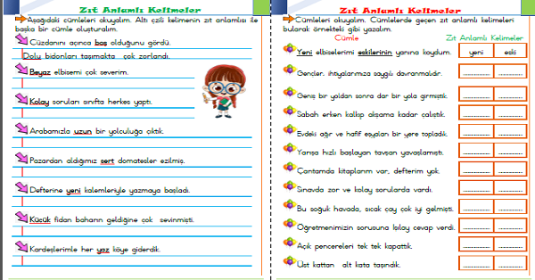 1.Sınıf Türkçe Zıt Anlamlı Kelimeler-8