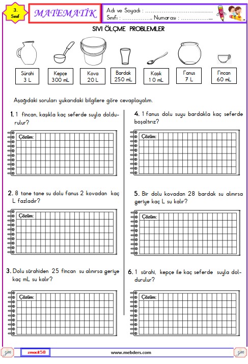 4. Sınıf Matematik Sıvı Ölçme Problemleri Etkinliği 12