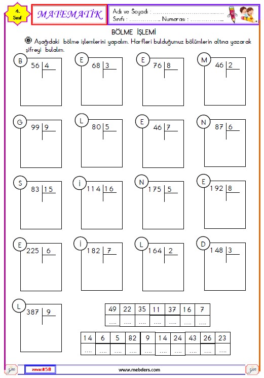 4. SınıfMatematik Bölme İşlemi Etkinliği 1