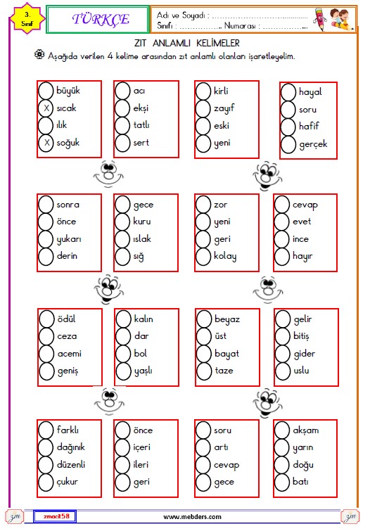 3. Sınıf Türkçe Zıt Anlamlı Kelimeler Etkinliği 2