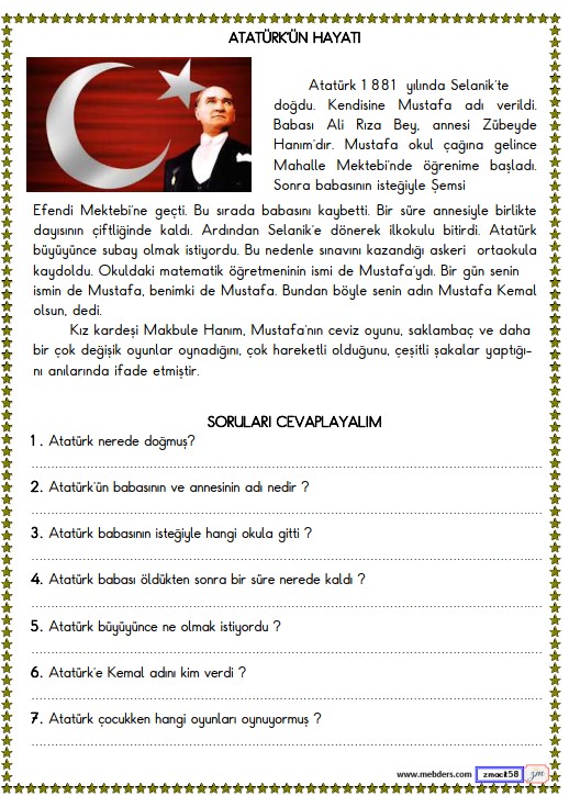 2. Sınıf Hayat Bilgisi Atatürk'ün Hayatı Etkinliği 2