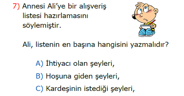 2.Sınıf Hayat Bilgisi İstek ve İhtiyaçlarım Kazanım Testi