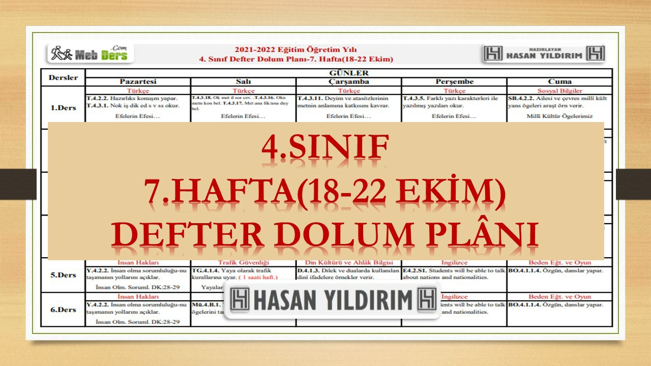 4.Sınıf 7.Hafta(18-22 Ekim) Defter Dolum Planı