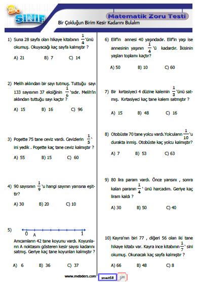 3. Sınıf Matematik Bir Çokluğun Birim Kesir Kadarını Bulalım