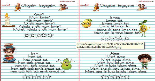 1. Sınıf İlk Okuma Yazma M-m Sesi Hızlı Okuma Metinleri