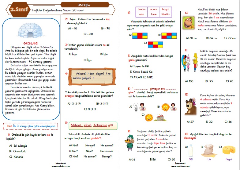 2.Sınıf Haftalık Değerlendirme Testi - 36.Hafta (06-10 Haziran)