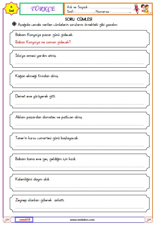 4. Sınıf Türkçe Soru Cümlesi Etkinliği
