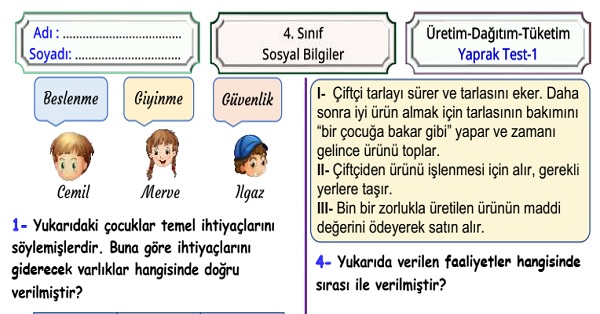 4.Sınıf Sosyal Bilgiler Üretimden Tüketime Yaprak Test 1