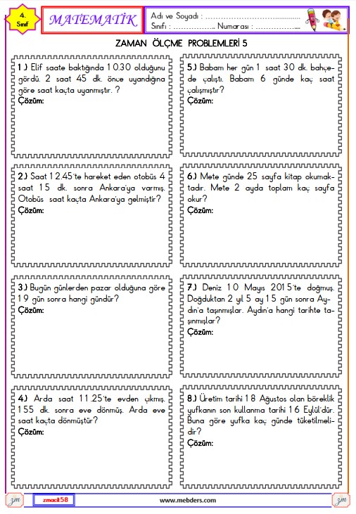 4. Sınıf Matematik Zaman Ölçme Problemleri Etkinliği 6