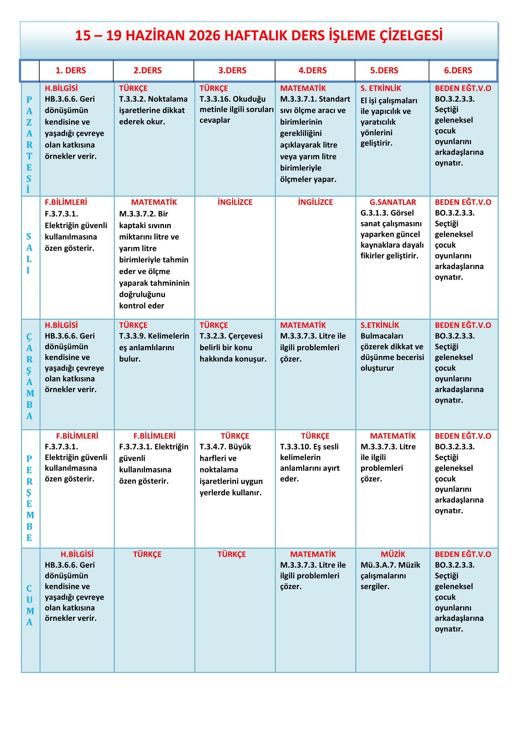 3.Sınıf 15 - 19 Haziran 2026 Haftalık Ders İşleme Çizelgesi.doc