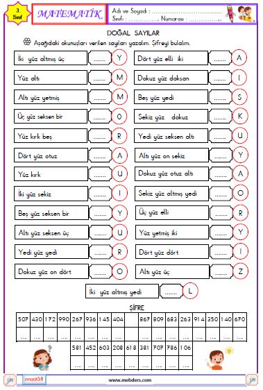 3.Sınıf Matematik Doğal Sayıları Okuma ve Yazma Etkinliği 6