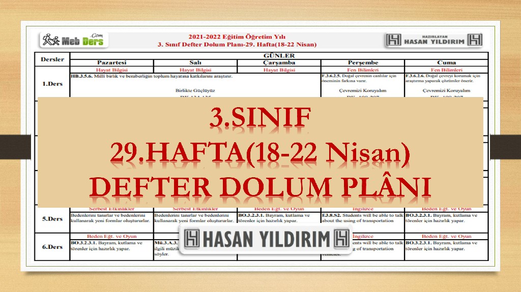 3.Sınıf 29.Hafta(18-22 Nisan) Defter Dolum Planı