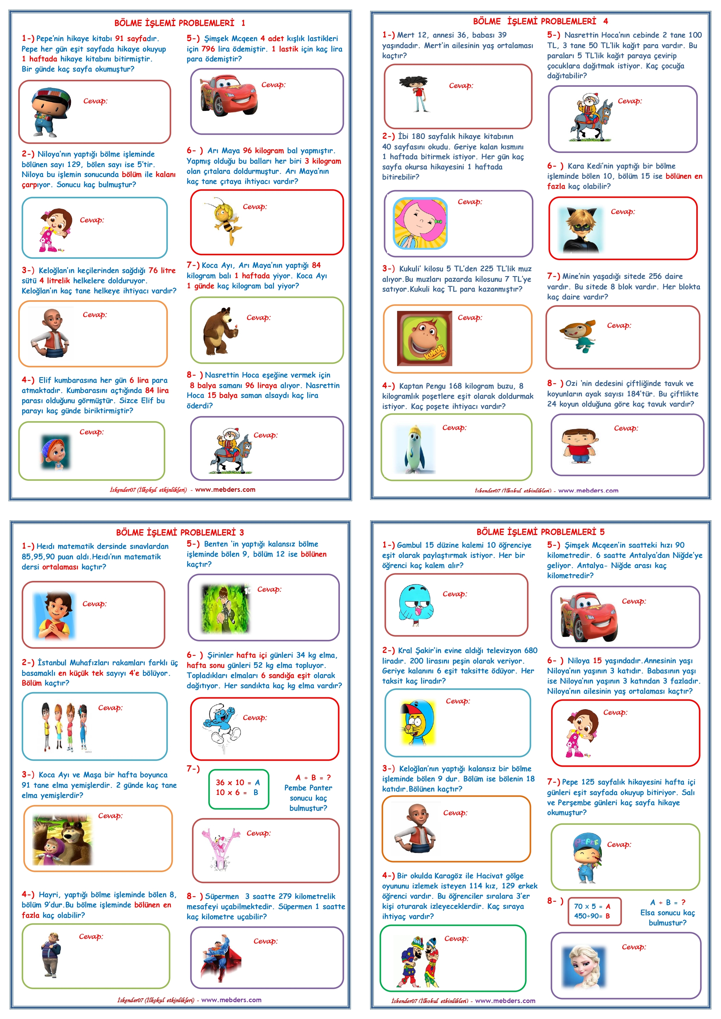 3.Sınıf Matematik Bölme İşlemi Problemleri  (5 Sayfa - 40 Soru)