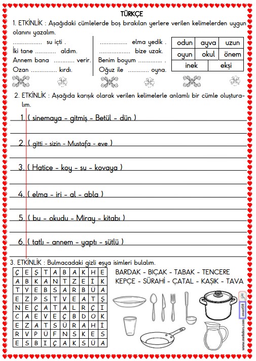 1. Sınıf Türkçe Boşluk Doldurma ve Cümle Oluşturma Etkinliği 15