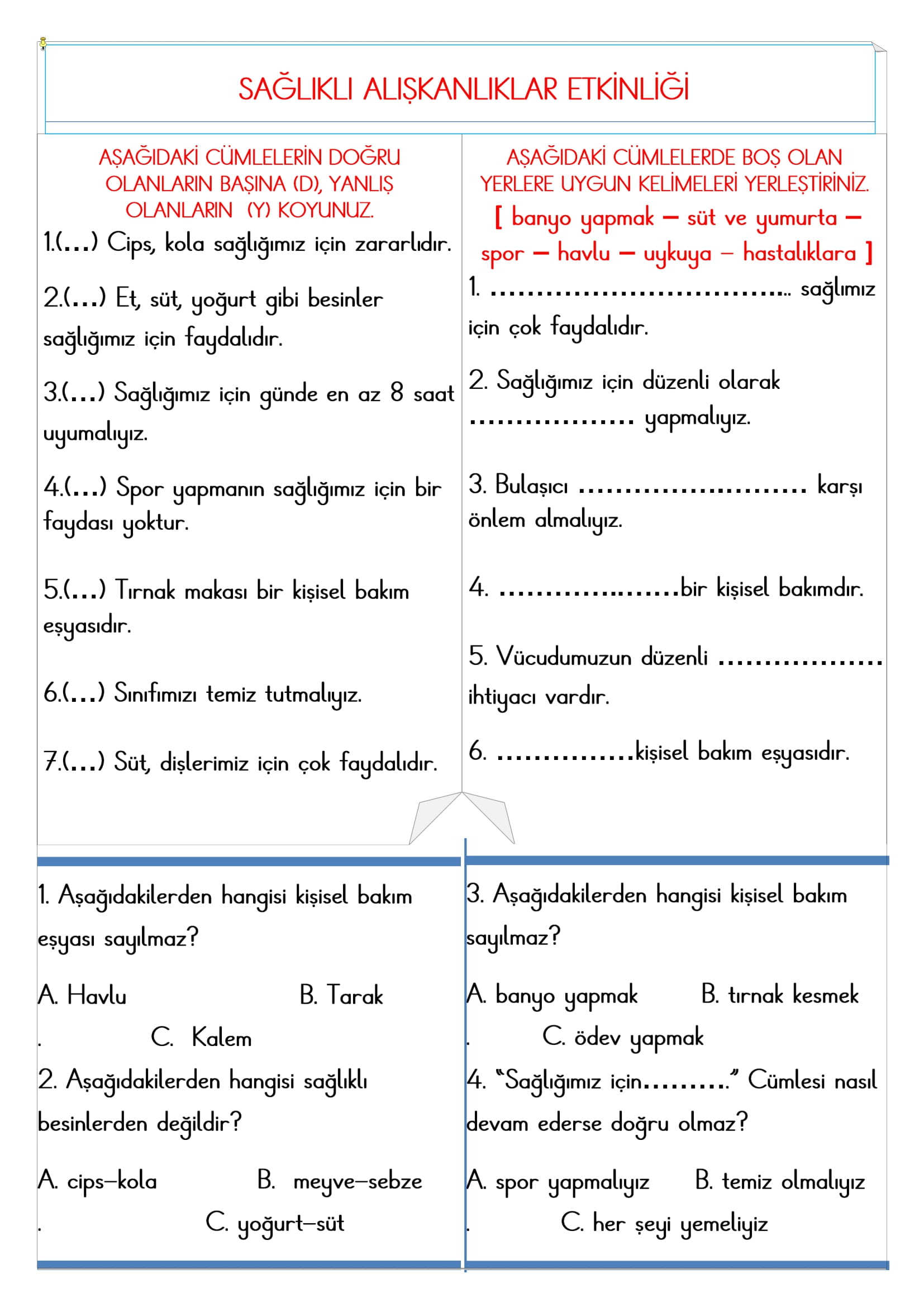 2.Sınıf - Hayat Bilgisi Sağlıklı Alışkanlıklar Etkinliği