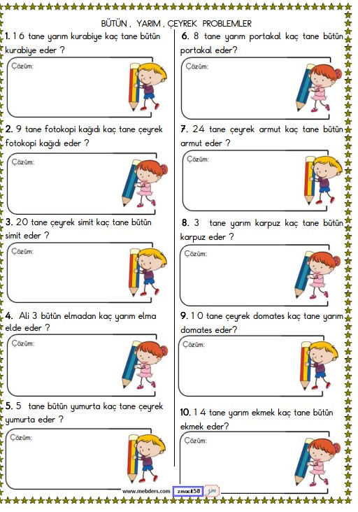 2. Sınıf Matematik Bütün , Yarım ve Çeyrek Problemler Etkinliği 2