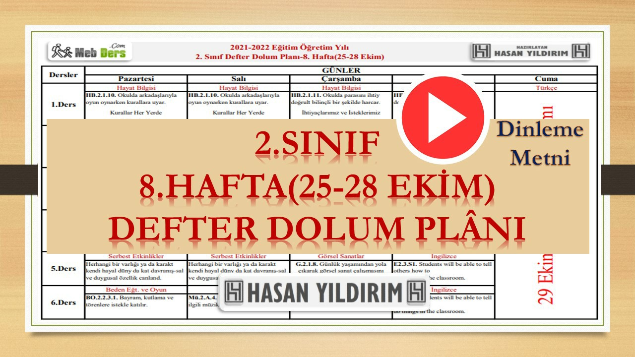 2.Sınıf 8.Hafta(25-28 Ekim) Defter Dolum Planı