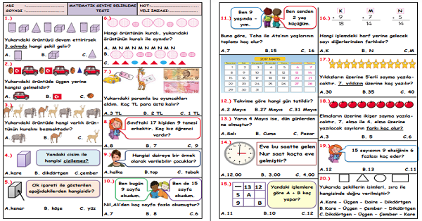 1.Sınıf -Matematik Seviye Belirleme Test-4