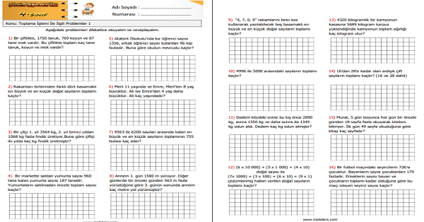4.Sınıf Matematik Toplama İşlemi ile İlgili Problemler Etkinliği 3