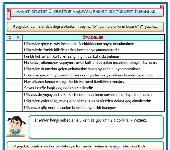 2.Sınıf Hayat Bilgisi Ülkemizde Yaşayan Farklı Kültürdeki İnsanlar Etkinlik Çalışması