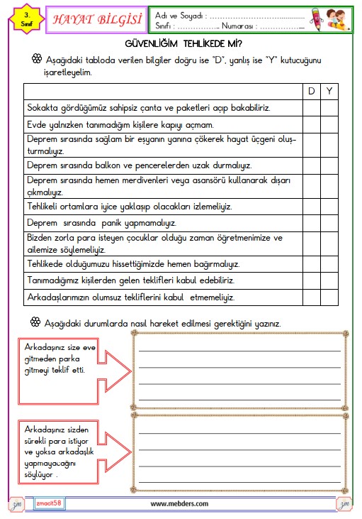 3. Sınıf Hayat Bilgisi Güvenliğim Tehlikede mi  Etkinliği