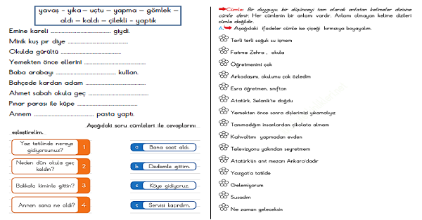 1. Sınıf Türkçe Anlamlı ve Kurallı Cümle Çalışma Sayfaları 2