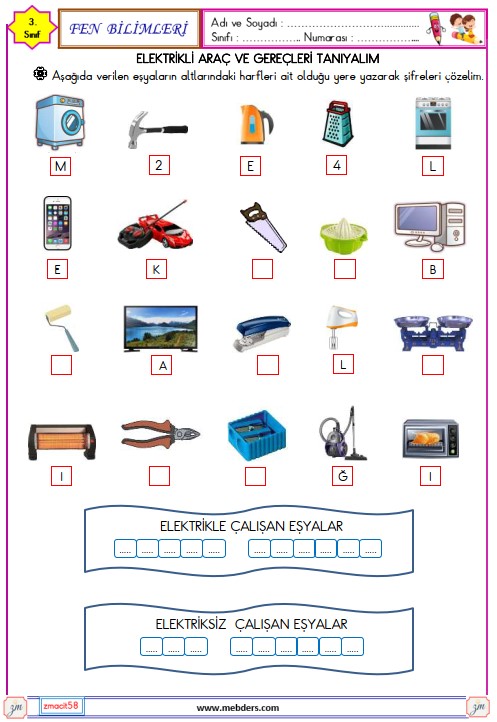 3. Sınıf Fen Bilimleri Elektrikli Araç ve Gereçleri Tanıyalım Etkinliği 1