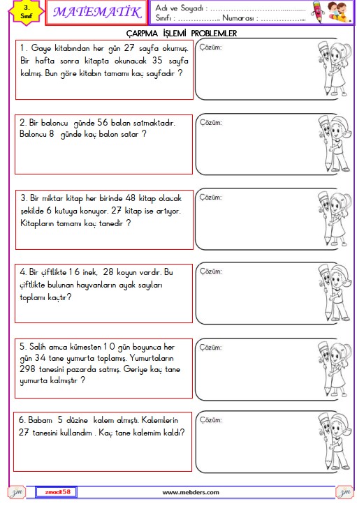 3. Sınıf Matematik Çarpma İşlemi Problemleri Etkinliği 4