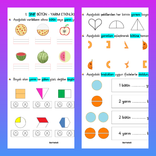 1. Sınıf Matematik - Kesirler (Bütün - Yarım) Etkinliği-2