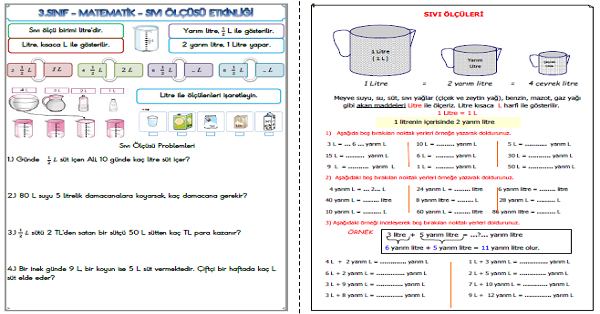 3. Sınıf Matematik Sıvı Ölçüleri Etkinlik Çalışmaları 1