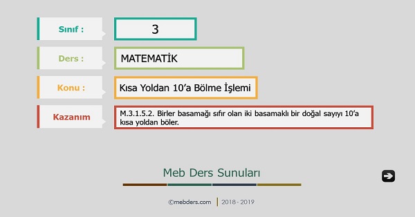 3.Sınıf Matematik 10 İle Kısa Yoldan Bölme İşlemi Sunusu