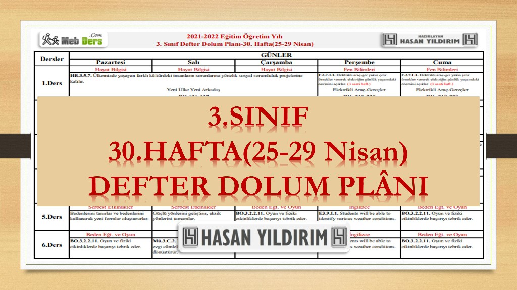 3.Sınıf 30.Hafta(25-29 Nisan) Defter Dolum Planı