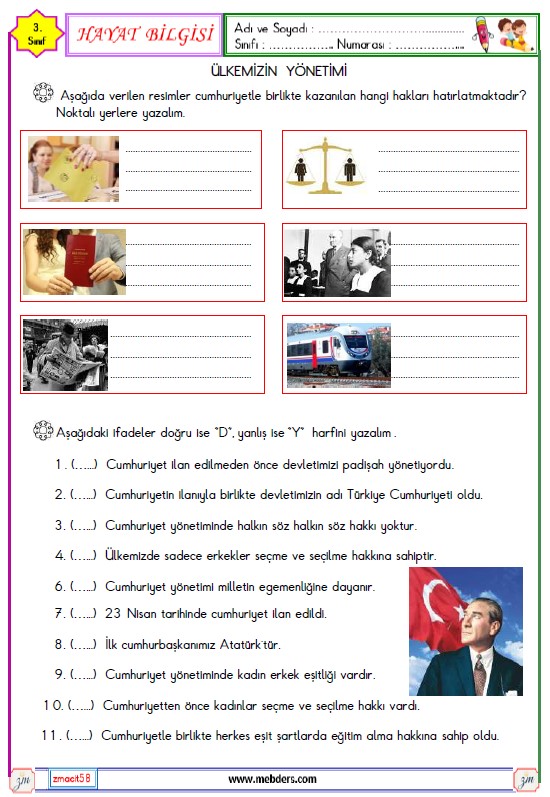 3. Sınıf Hayat Bilgisi Ülkemizin Yönetim Şekli Etkinliği