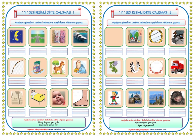 1.Sınıf Y-y Sesi Resimli Dikte Çalışması ( 2 Sayfa - 24 Kelime)